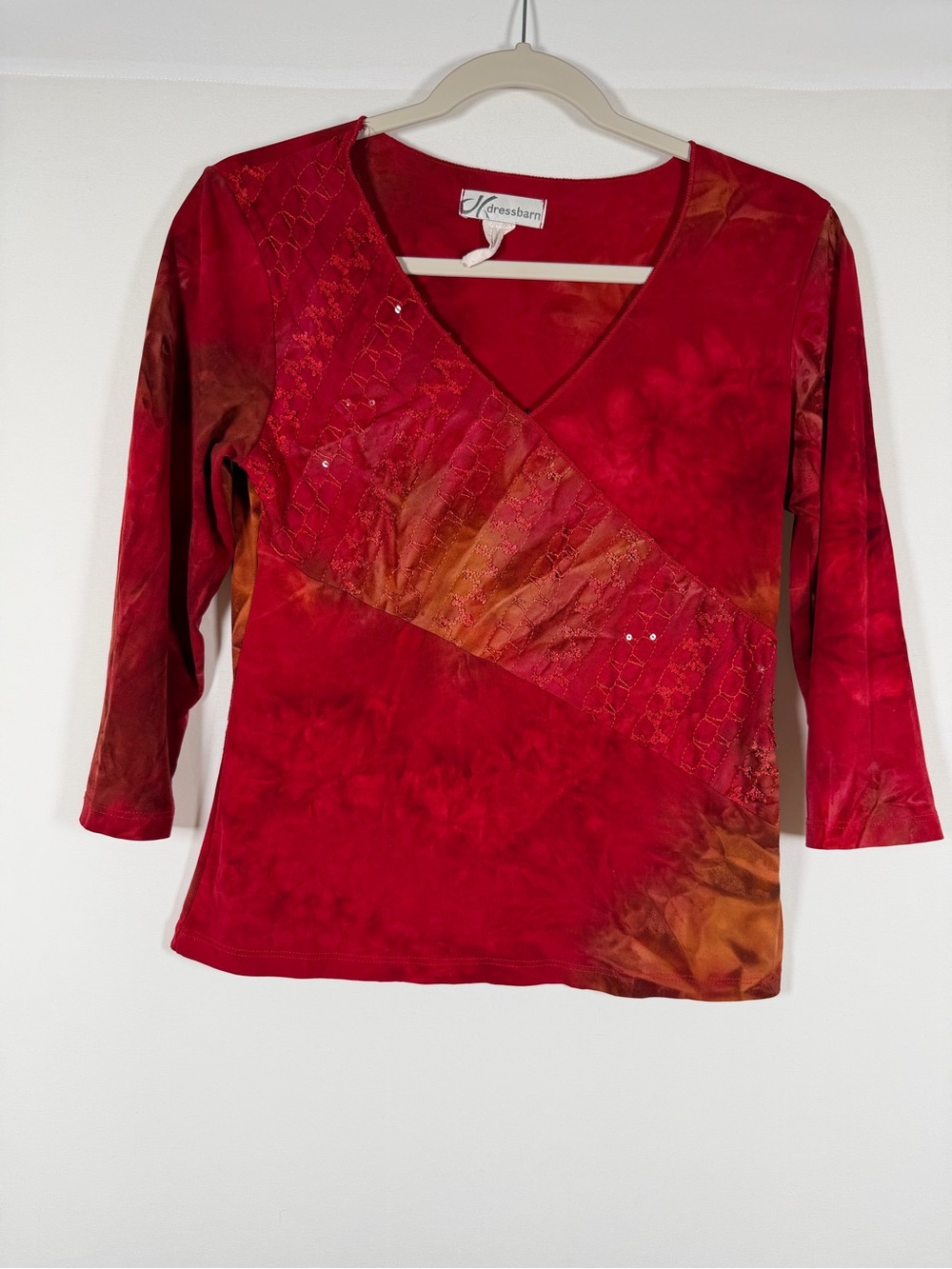 Vintage Y2K Red V-Neck Long Sleeve Top Fairy Grunge Sequin Embroidered